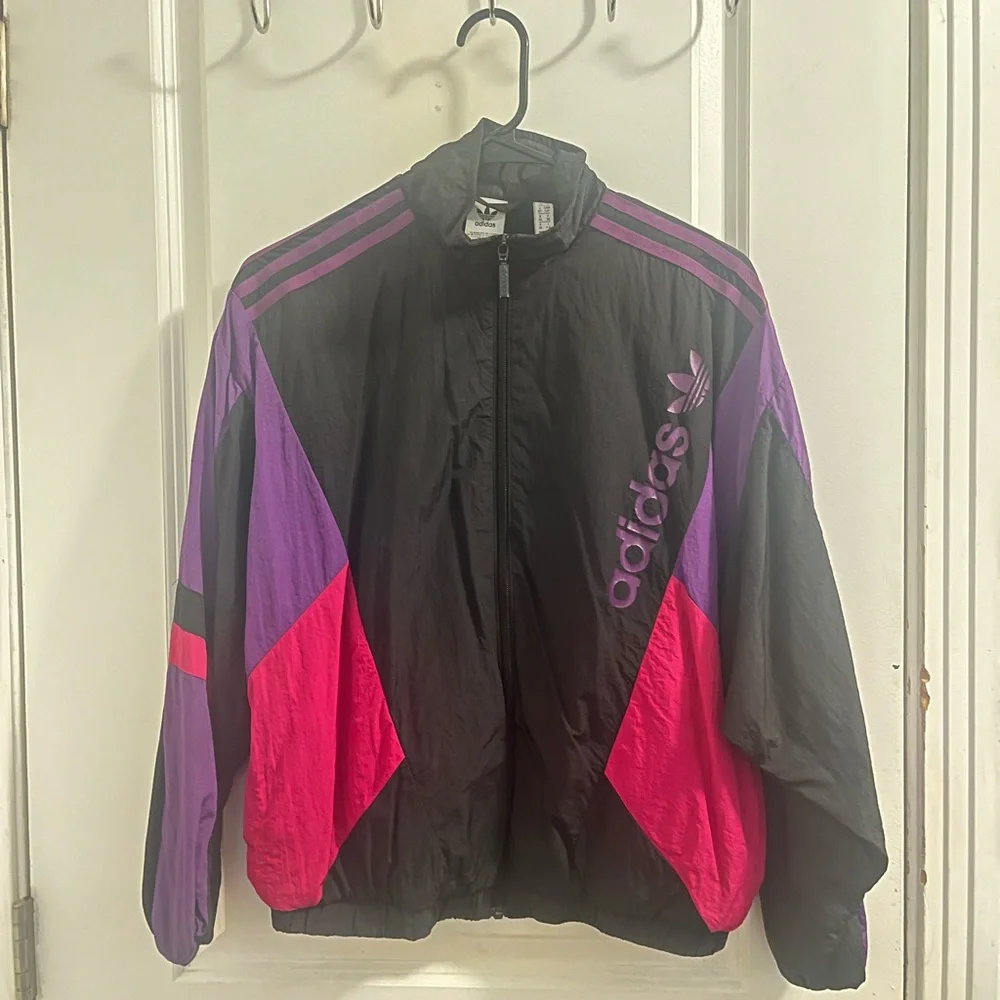 Adidas Women's Black, Purple, and Pink Bomber Jacket